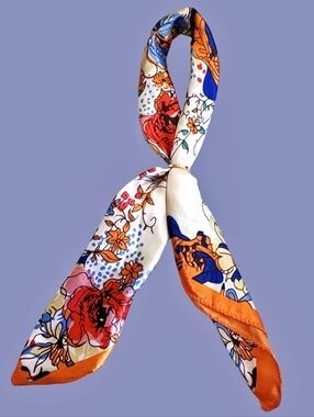Floral Print Silk-Touch Neck Scarf Twilly In Orange & White